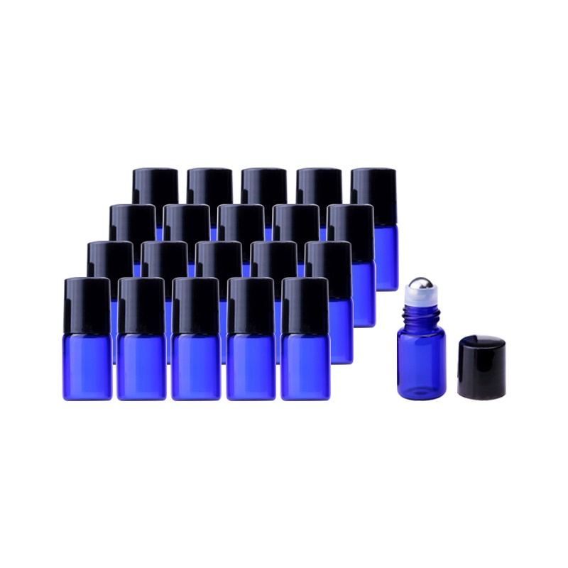 20 件藍色玻璃滾瓶精油按摩滾瓶帶不銹鋼滾輪黑蓋
