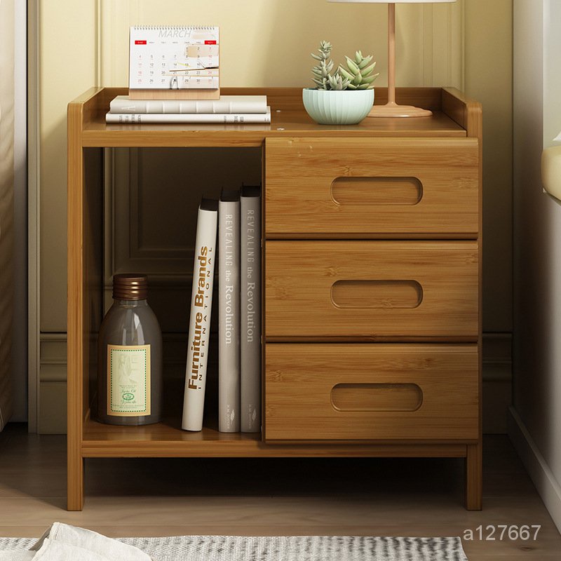 【私想傢】 迷你帶抽床頭櫃 簡易小型櫃子 臥室實木床頭櫃 楠竹儲物櫃 收納櫃 現代簡約置物架 櫃子