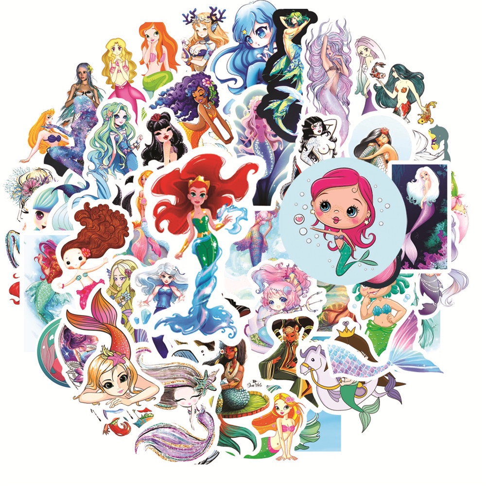 50張小美人魚可愛卡通塗鴉貼紙水杯手賬筆電防水裝飾貼畫