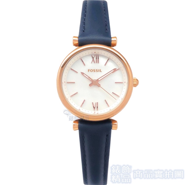 FOSSIL ES4502手錶 玫瑰金框 珍珠貝面 深藍色皮帶 女錶【澄緻精品】