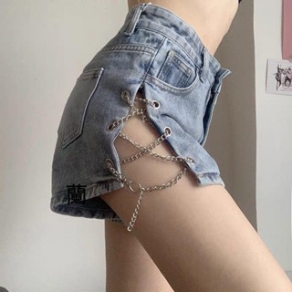 💕【保密出貨】 大尺碼鏈條牛仔短褲女年新款胖妹妹mm開叉高腰熱褲歐美辣妹風潮性感夜店短褲鋼管舞褲💕