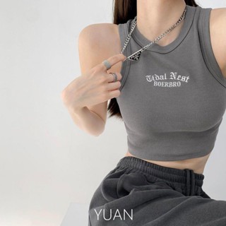 背心女 無袖上衣 帶胸墊 歐美辣妹風字母刺繡無袖背心t恤女夏季新款修身短款露臍打底上衣