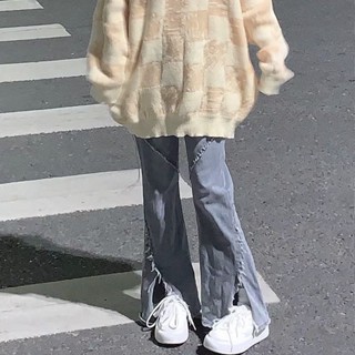 點心喵 落地喇叭褲 前開叉喇叭褲 喇叭寬褲 設計感開叉毛邊牛仔褲女春夏新款ins學生寬鬆闊腿顯瘦微喇長褲潮