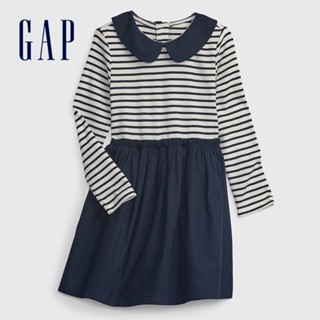 Gap 女幼童 娃娃領拼接長袖洋裝 542618-海軍藍
