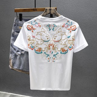 民族風兔年刺繡短袖t恤男微寬松半袖上衣服