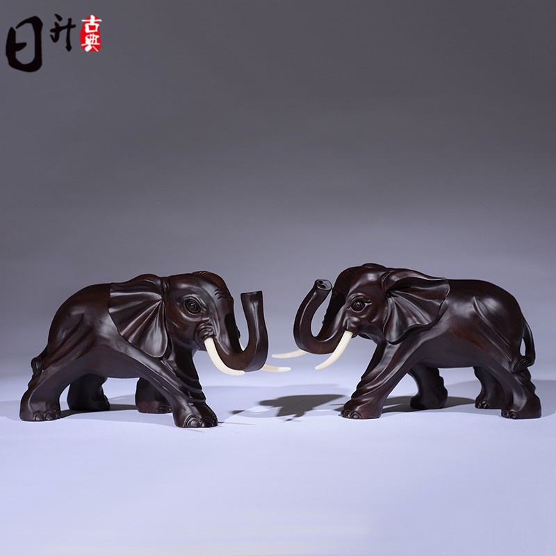 黑檀木雕大象擺件 一對實木招財象客廳裝飾品鎮宅風水紅木工藝品名尚旗艦店