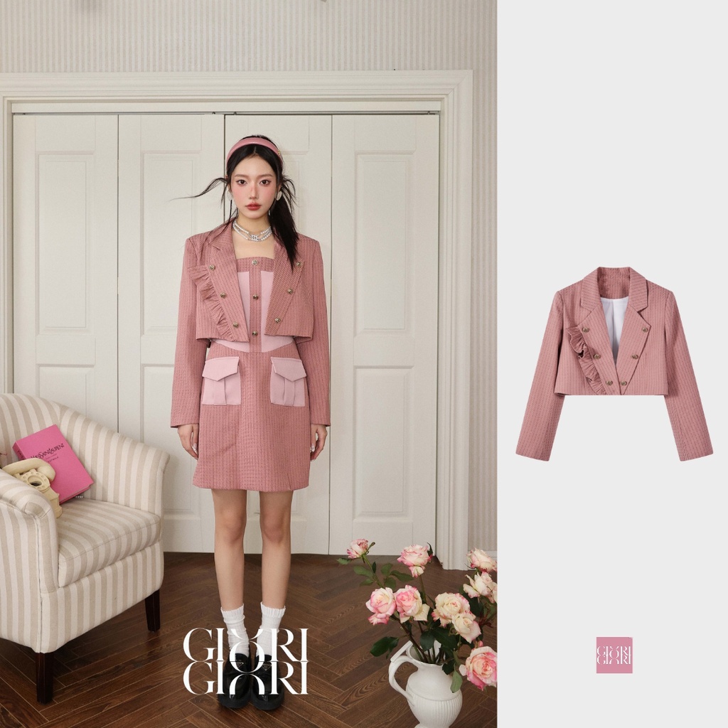 IRIS BOUTIQUE 泰國製造 GIRI&GIR系列 春新款 溫柔粉色拼接外套無袖洋裝套裝