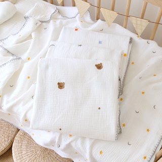 嬰兒縐布四層純棉紗布貝殼邊刺繡蓋毯 兒童午睡透氣空調毯