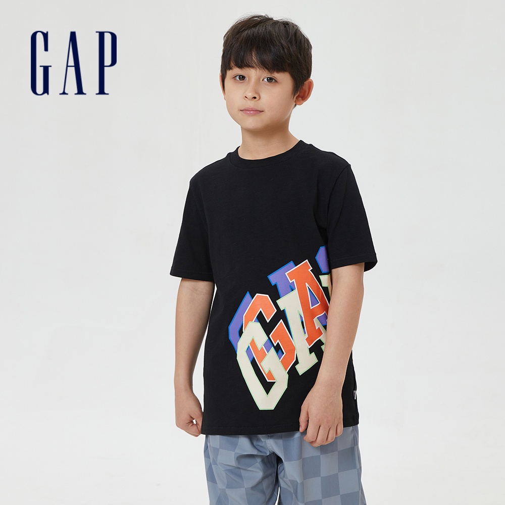 Gap 男童裝 Logo純棉印花短袖T恤-黑色(592134)