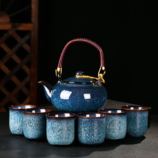 功夫茶具 茶具組泡茶組♦陶瓷茶具套裝7頭提梁壺整套家用客廳功夫茶具泡茶壺大容量茶壺