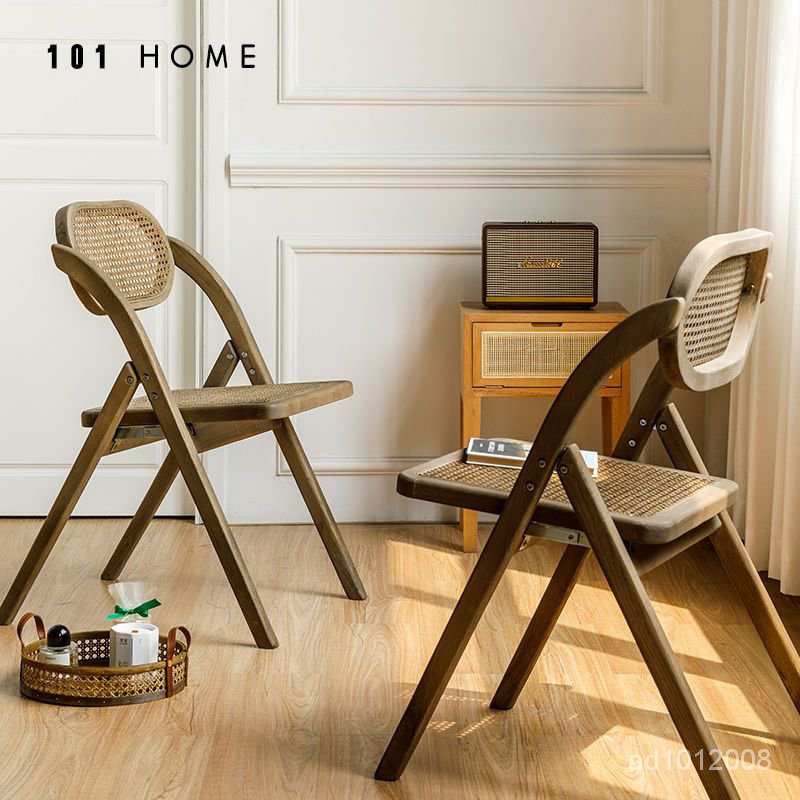 工廠現貨【免運】101 HOME實木椅子複古做舊折疊藤編椅現代傢用休閒輕奢靠背餐椅 H9R7