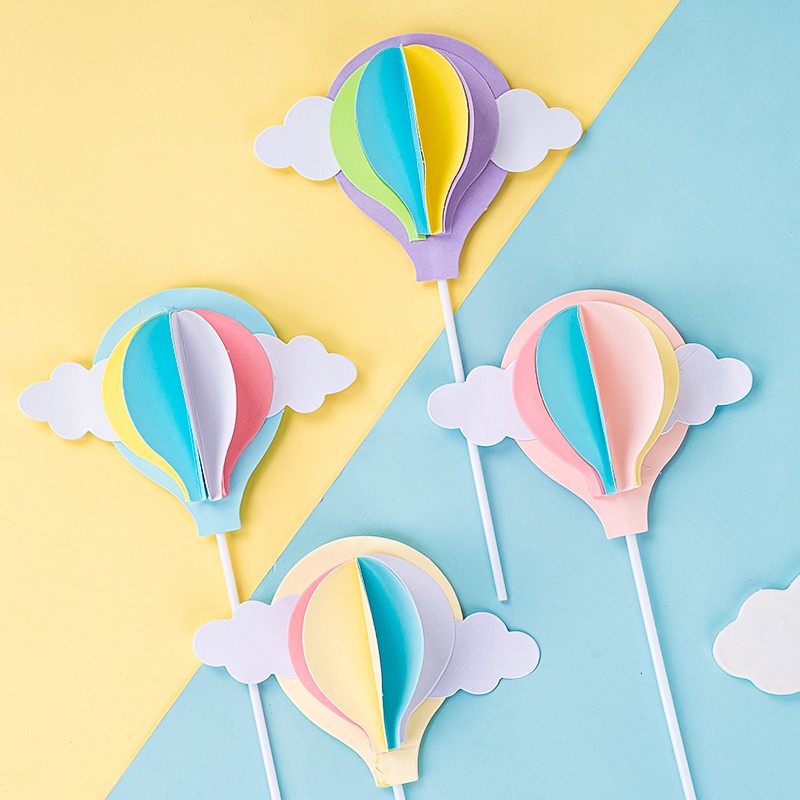 🎈辣妹子🎈網紅生日蛋糕裝飾立體云朵熱氣球插牌馬卡龍色系熱氣球卡通插件