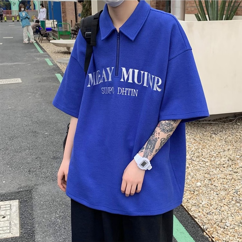 【M-3XL】男士夏季半拉鍊Polo衫寬鬆休閒藍色短袖上衣