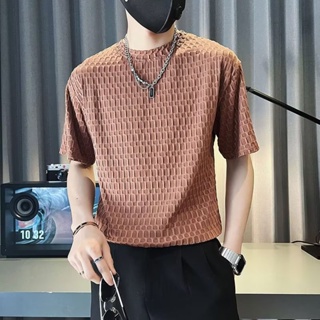 咖色時尚潮牌短袖男 M-3XL 高級感設計 2023夏季男緊身潮流時尚短袖T恤男裝