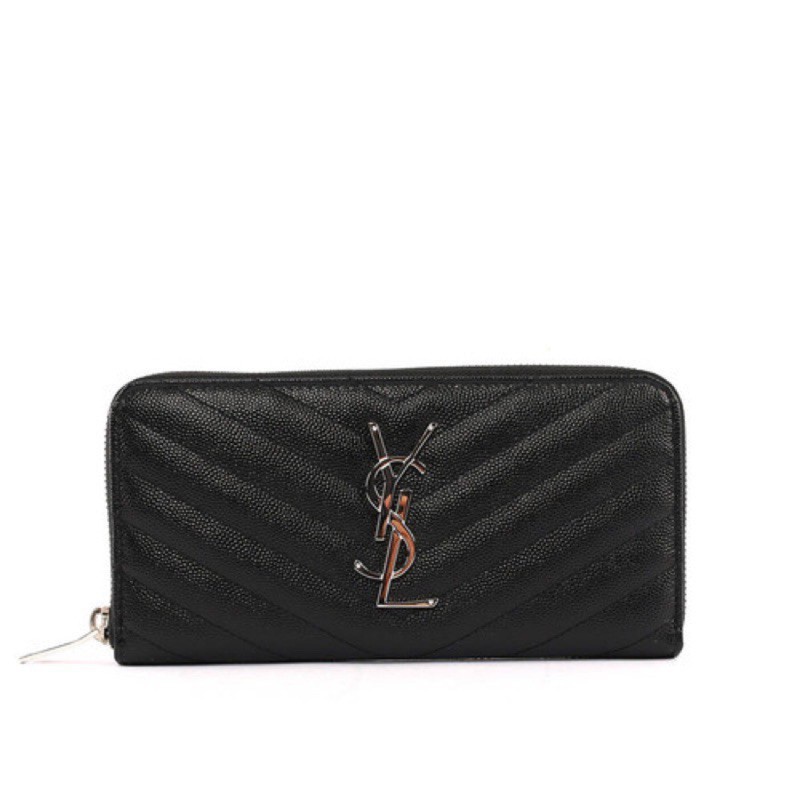 Saint Laurent YSL Monogram系列V字縫線 荔枝皮 銀字 ㄇ型拉鏈長夾 黑色 358094