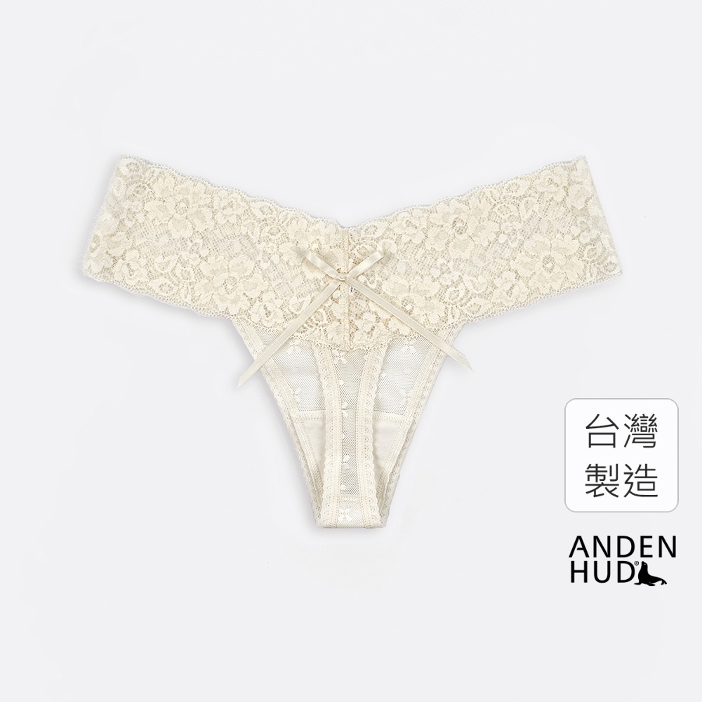 【Anden Hud】Romantic．V蕾絲全網紗丁字褲(米白-提花小花) 純棉台灣製