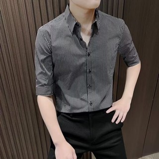 格子男士襯衫 商務高階男裝 緊身襯衫 七分袖襯衫 男士短袖 夏季冰絲2023新款高階感男裝五分袖襯衫