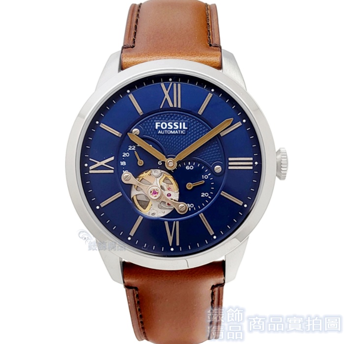 FOSSIL ME3110手錶 手自動上鍊 鏤空機械錶 藍面 咖啡色錶帶 44mm 男錶【澄緻精品】