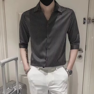 高級感襯衫男七分袖 M-3XL 潮流韓版緊身髮型師襯衫 條紋帥氣V領網紅短袖上衣