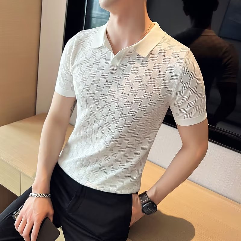 【M-3XL】緊身薄款冰絲短袖T恤男士夏季白色Polo衫