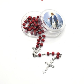 (爆款）特價經典款香味酒紅色木珠十字架項鍊盒裝天主教祈禱基督宗教飾品R9