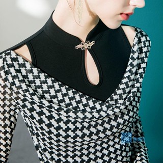 精品🎉旗袍領上衣女千鳥格亮絲印花2023春季新款鏤空洋氣長袖春秋上衣/促銷/優選891