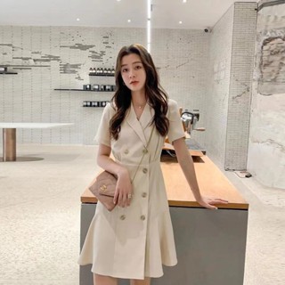 佰分佰/75kg內可穿/西裝雙排扣洋裝裙/收腰連身裙/春夏款/氣質/職業/設計感/修身/素面/中尺碼