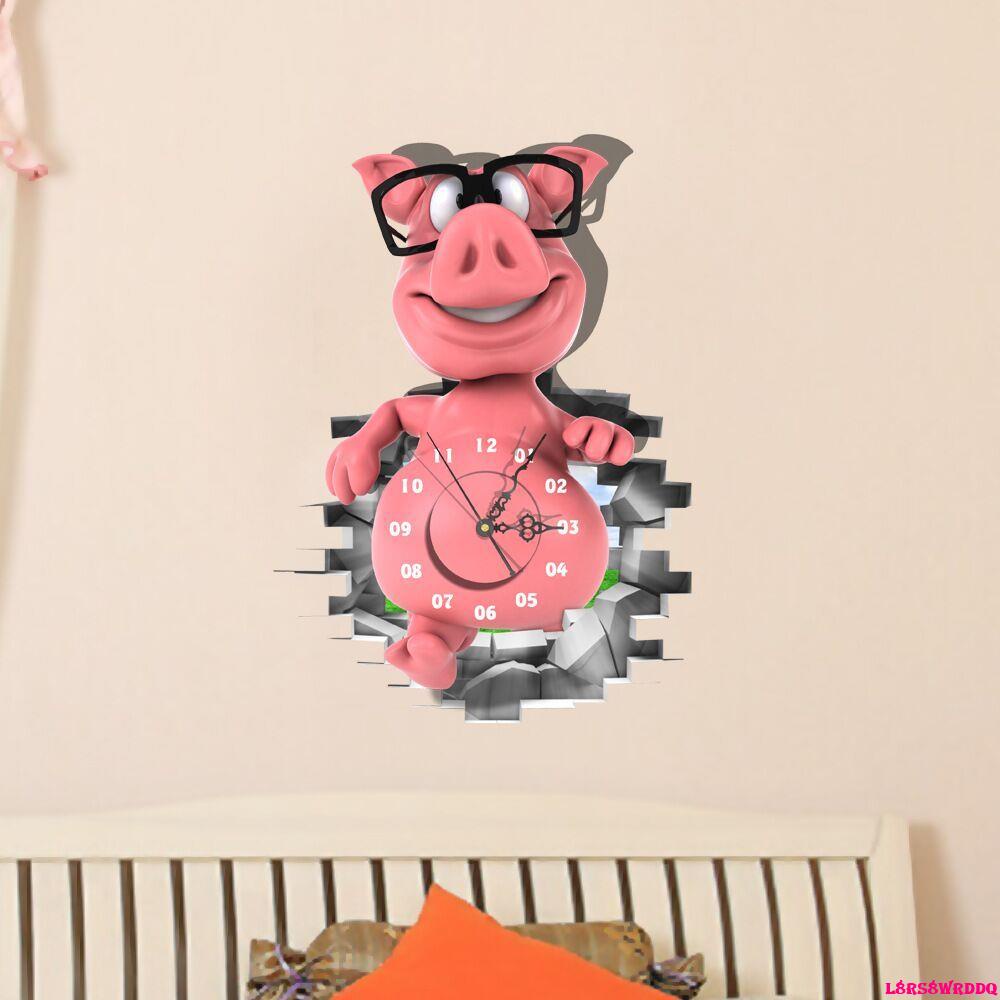 交換禮物-3D創意可愛卡通畫掛鐘表客廳書房兒童房免打孔個性靜音壁鐘飾