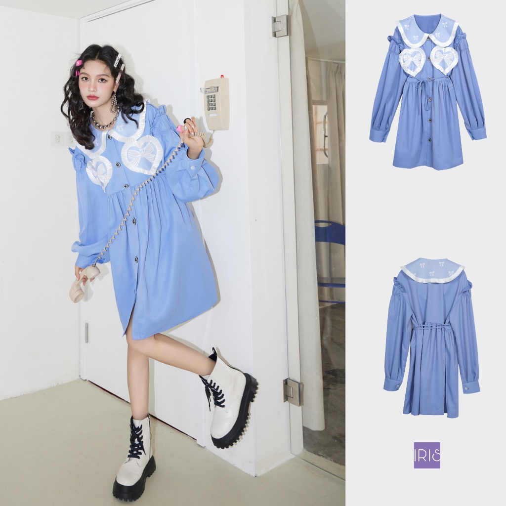 IRIS BOUTIQUE 泰國製造 小眾設計品牌 春新款Heart beat洋裝愛心領藍色長袖設計款女棉花糖