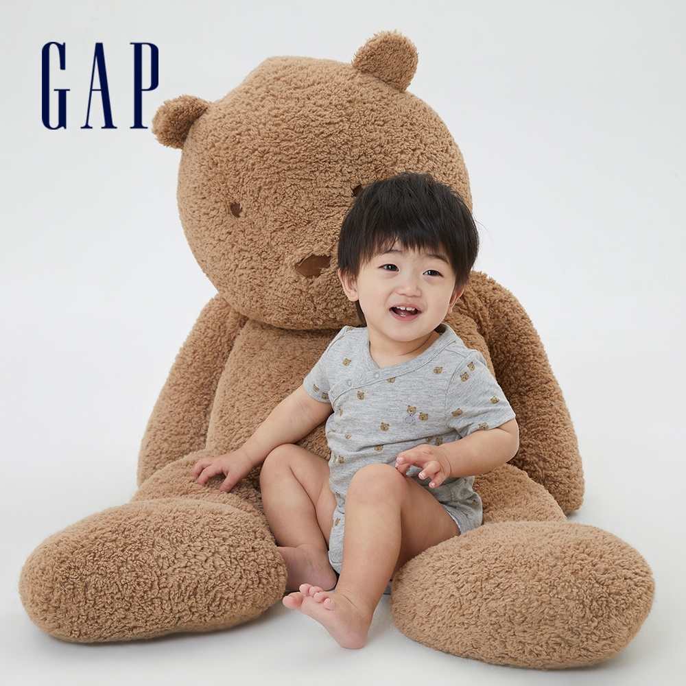 Gap 嬰兒裝 純棉小熊刺繡印花短袖包屁衣-灰色(572482)
