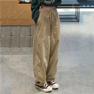 日系寬松 美式復古 直筒工裝褲 潮牌闊腿褲 卡其色休閑運動 女生長褲 大尺碼Oversize 高腰長褲