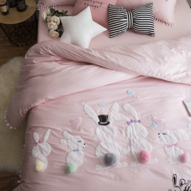 免運 粉/黃色 歐美60支長絨貢緞棉兔子床包組 床單 被套 枕套 專櫃 純棉 球球 卡通 兒童 粉色 浪漫