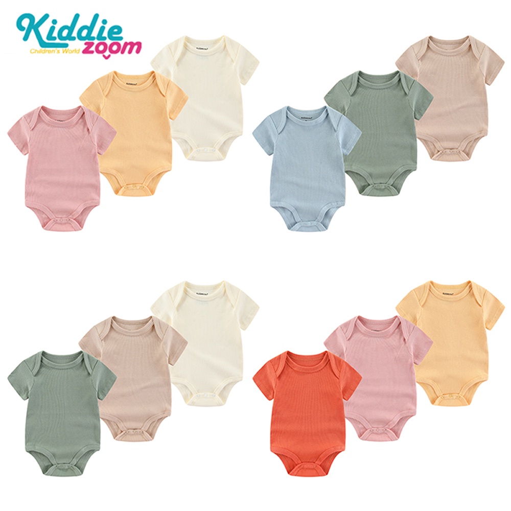 Kiddiezoom 3 件/組夏季素色坑條男寶寶女寶寶短袖包屁衣 新生兒哈衣連身衣 0-12 個月嬰兒衣服