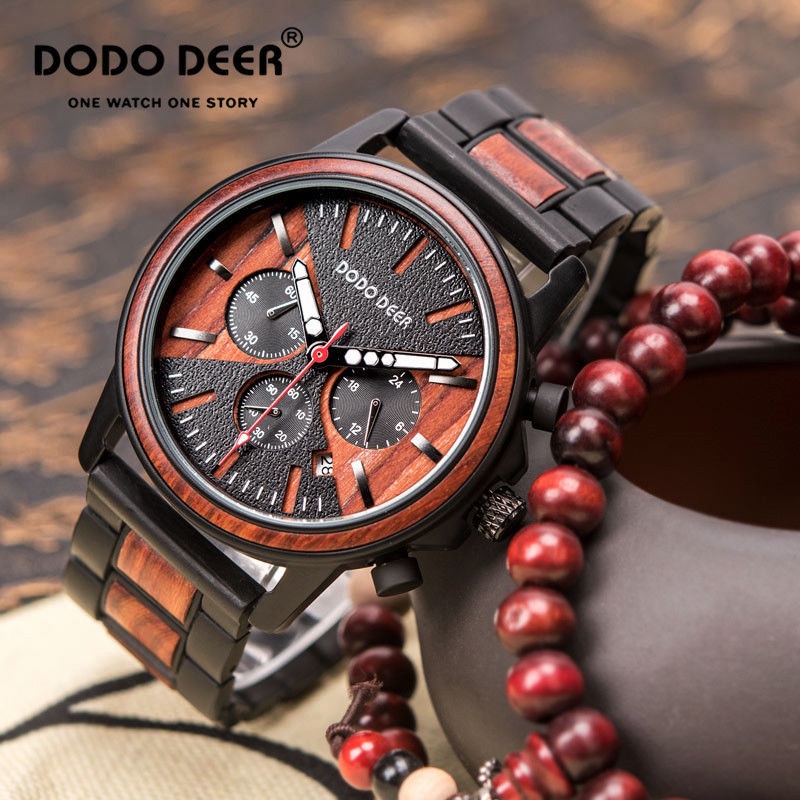 DODO DEER新品多功能鋼加紅檀木表男計時器跑秒創新表面檀木手表