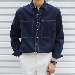 工裝明線設計長袖襯衫 口袋工裝白色休閒襯衫男長袖 男士純棉襯衫 復古寬鬆青少年 休閒襯衫