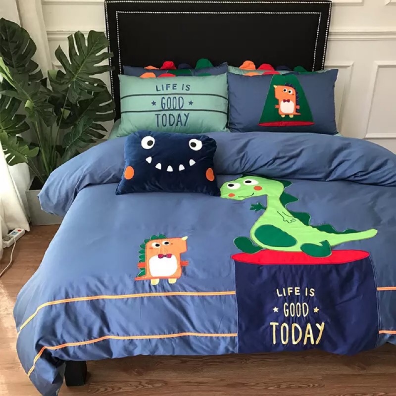 免運 歐美兒童恐龍60支長絨貢緞純棉床包組 刺繡綠色藍色床單被套枕套 單人床包組 男生 男童 ikea床墊尺