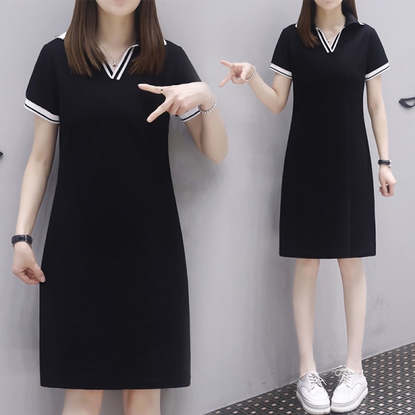 愛依依 短袖洋裝 高腰洋裝  T卹裙  S-3XL新款中長款Polo領短袖黑色顯瘦大碼連身裙G452-3312.