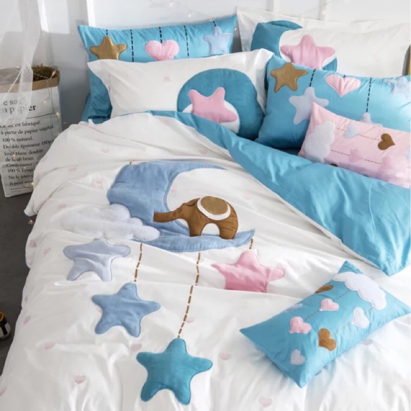 免運 歐美款大象星星刺繡立體貼布長絨棉包組 床單被套枕套 ikea床墊尺寸 專櫃 兒童 卡通 動物 質感 愛