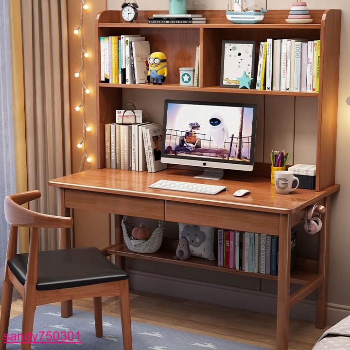 精選（高品質）實木臺式電腦桌帶書架一體桌原木學生家用椅子一套筆記本房間書桌