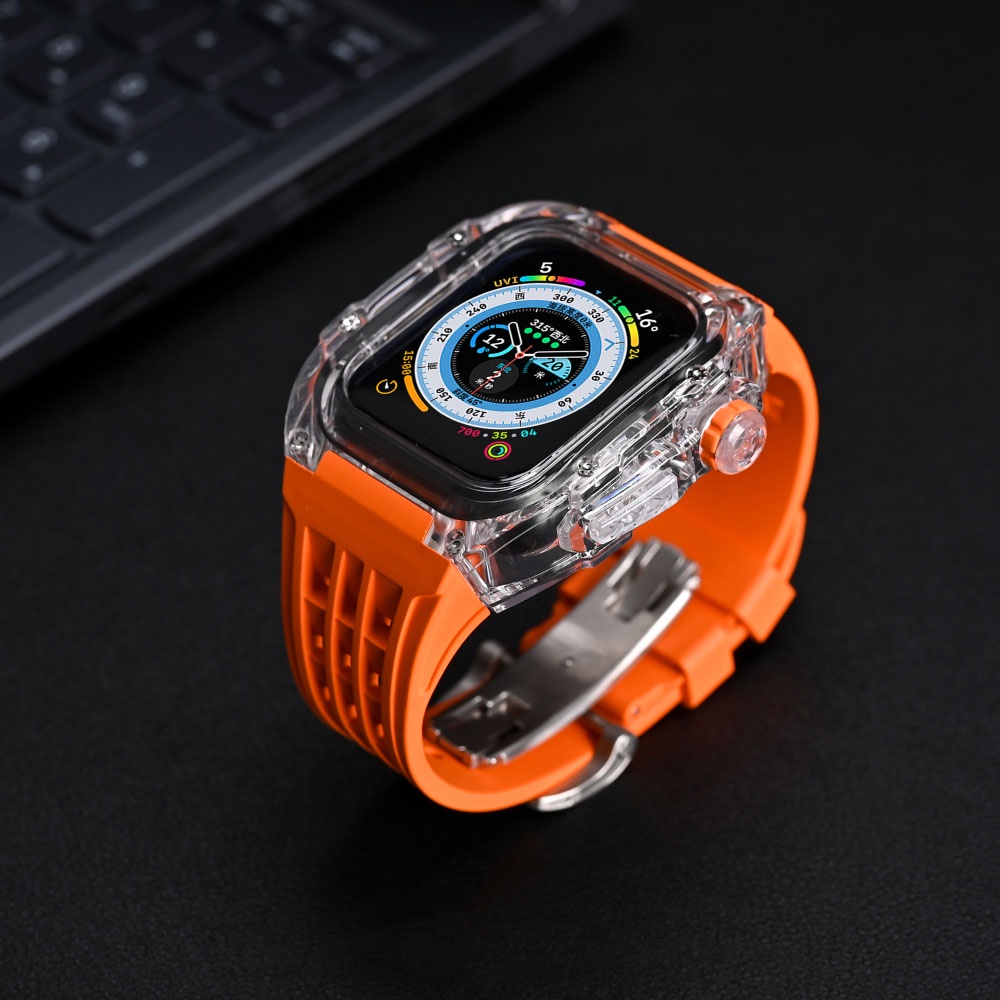 ❧【高級品質】氟橡膠改裝錶帶 透明錶殼 適用 Apple Watch 8