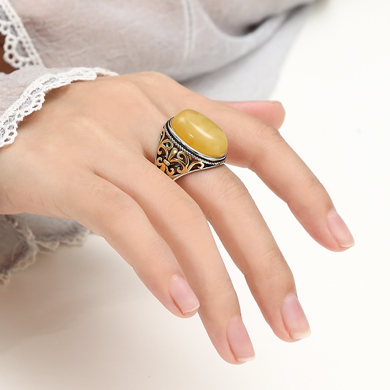 霸氣個性複古戒指空托男 18K黃金鑲嵌蜜蠟翡翠玉石戒托空托飾品