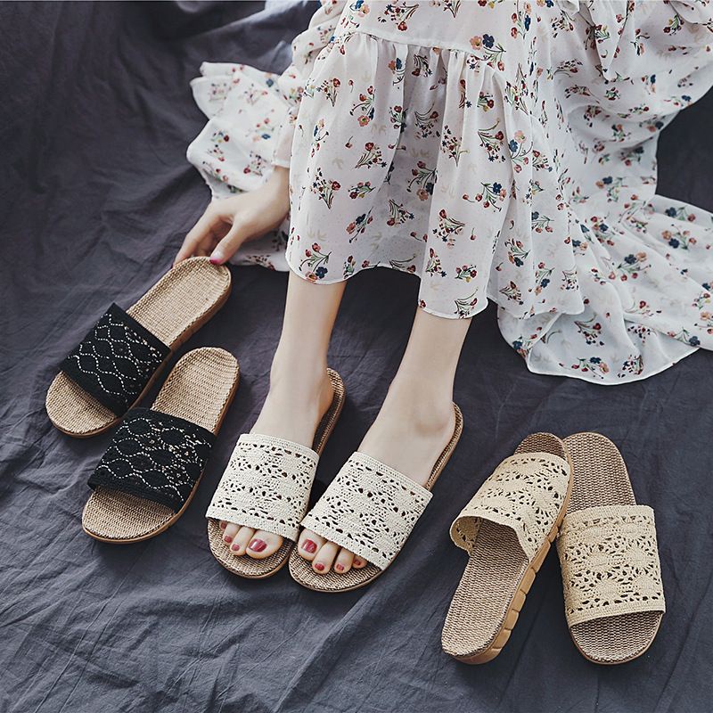 W49·【3色款】蕾絲編織花紋亞麻拖鞋．輕盈透氣日系拖鞋