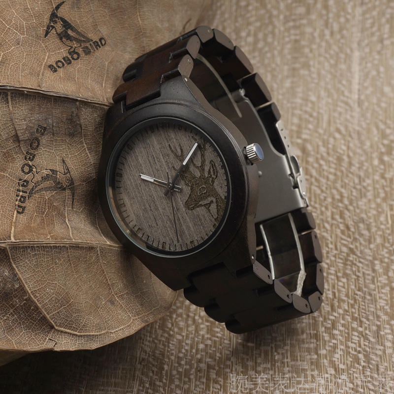 黑檀木手表男原木麋鹿面簡約風格進口機芯創意復古手表