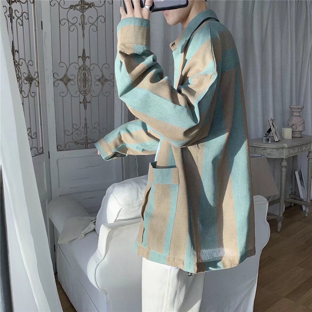 韓版寬鬆條紋長袖外套男 M--2XL 2兩色入 023秋季新款襯衫男 港風條紋撞色休閒襯衫男