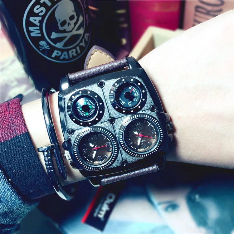 【手錶】歐美軍事風大錶盤真皮創意運動方形手錶男韓版潮流個性石英錶