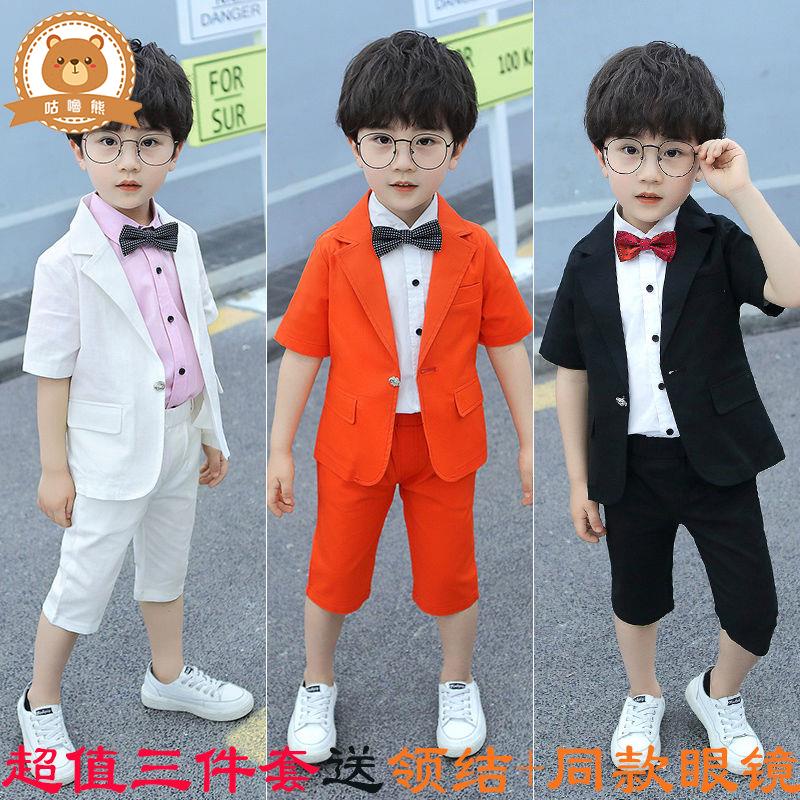 男童西裝 男童禮服 花童禮服 2021新款夏季小男童短袖小西裝三件套韓版寶寶西服兒童禮服套裝潮