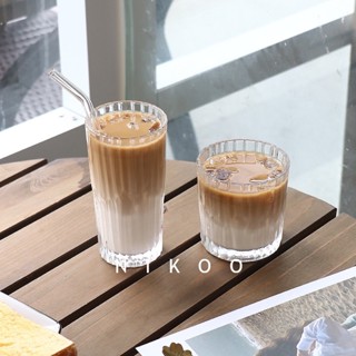 NIKOO★現貨★復古竪紋玻璃杯 美式冰咖啡杯 ins網紅餐廳 拿鐵杯 冷飲杯 威士忌杯 水杯 牛奶杯