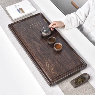 【茶盤茶具 託盤 實木 功夫茶具】新款茶盤實木家用高檔茶具託盤帶排水大號黑檀木紋簡約辦公室泡茶cck1030107