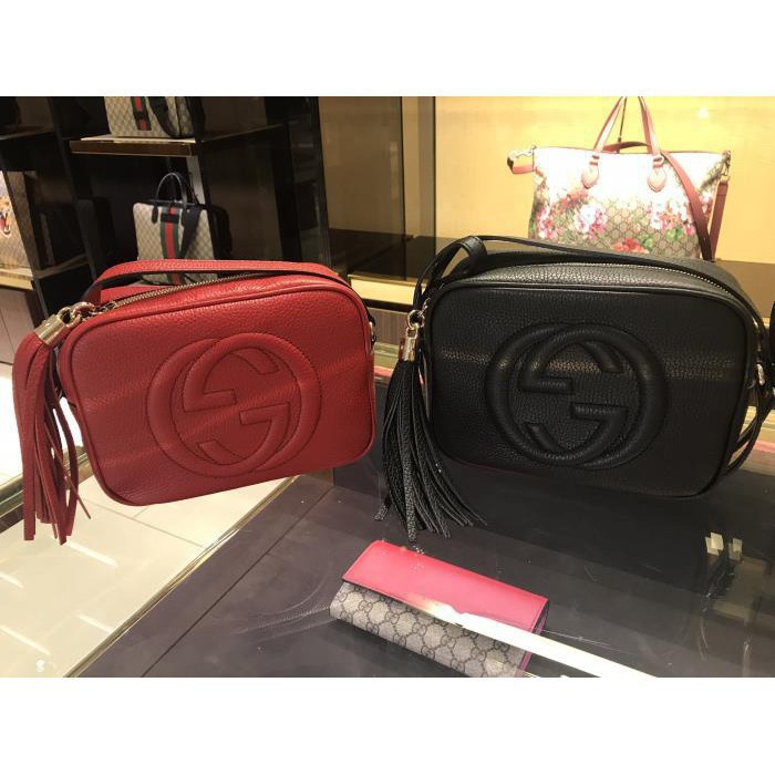 艾琳二手 Gucci 308364 Soho Disco Leather Bag 浮雕G流蘇斜背包 紅色 黑色 有現貨