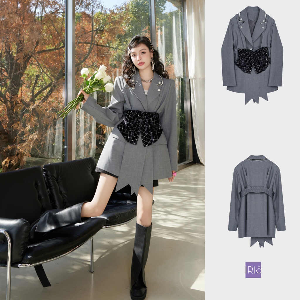 IRIS BOUTIQUE 泰國製造 小眾設計品牌 春新款Celebration blazer灰色西裝黑色蝴蝶結馬甲